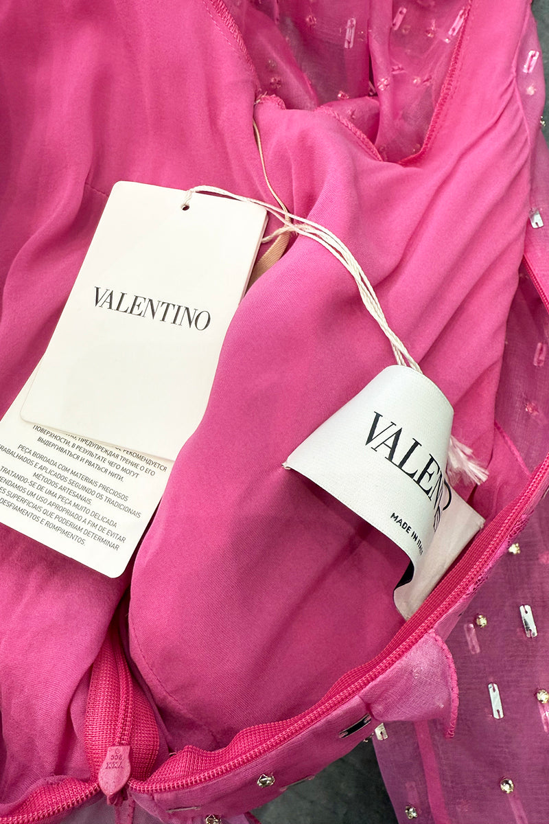 Spring 2018 Valentino by Pierpaolo Piccioli Pink Silk Organza Dress w Rhinestones & Metallic Silver Appliques