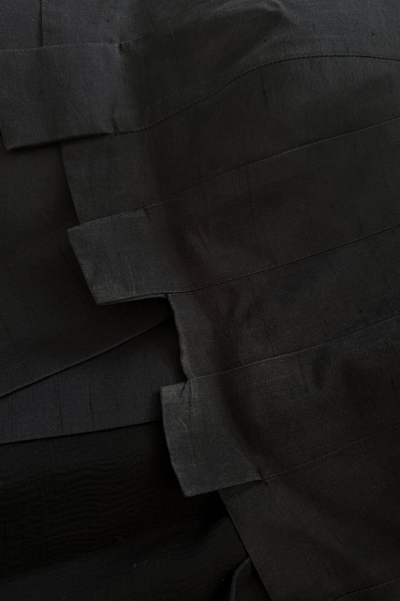 Fantastic c.1983 Thierry Mugler Black Raw Silk Vertical Panel Dress w Car Wash Hem & Silk Chiffon