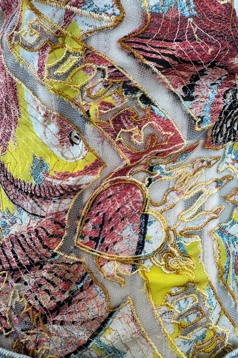 Very Rare Spring 2003 Roberto Cavalli Printed Silk & Net Boned Corset & Red Sequin Mini Skirt Set