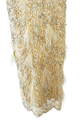 Fabulous 1950s Unlabeled Pearl, Bead & Feather Detailed Yellow Lace Dress w Matching Cape
