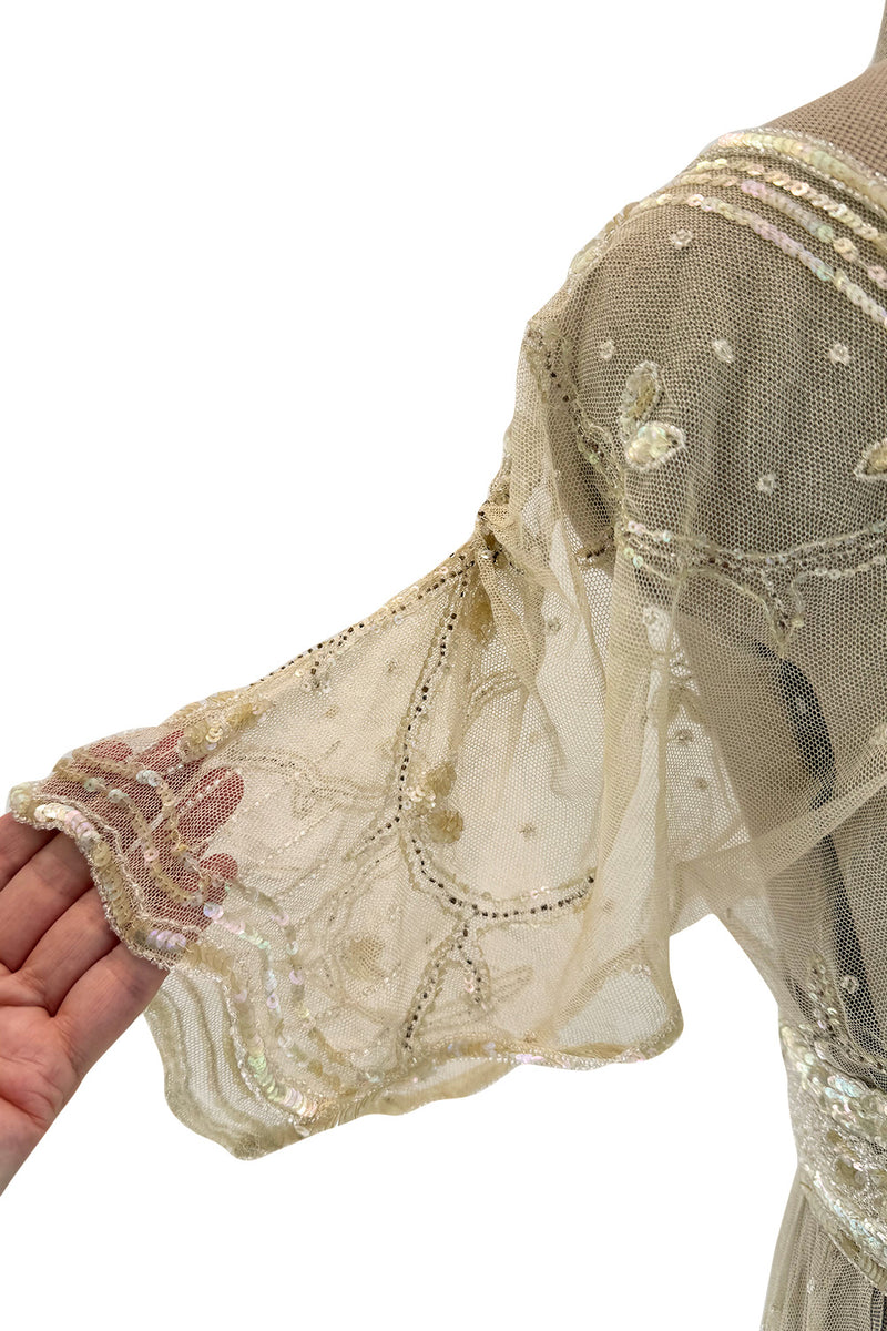Beautiful 1910 Unlabeled Heirloom Ivory Net Wedding Dress w Elaborate Sequin & Bead Work