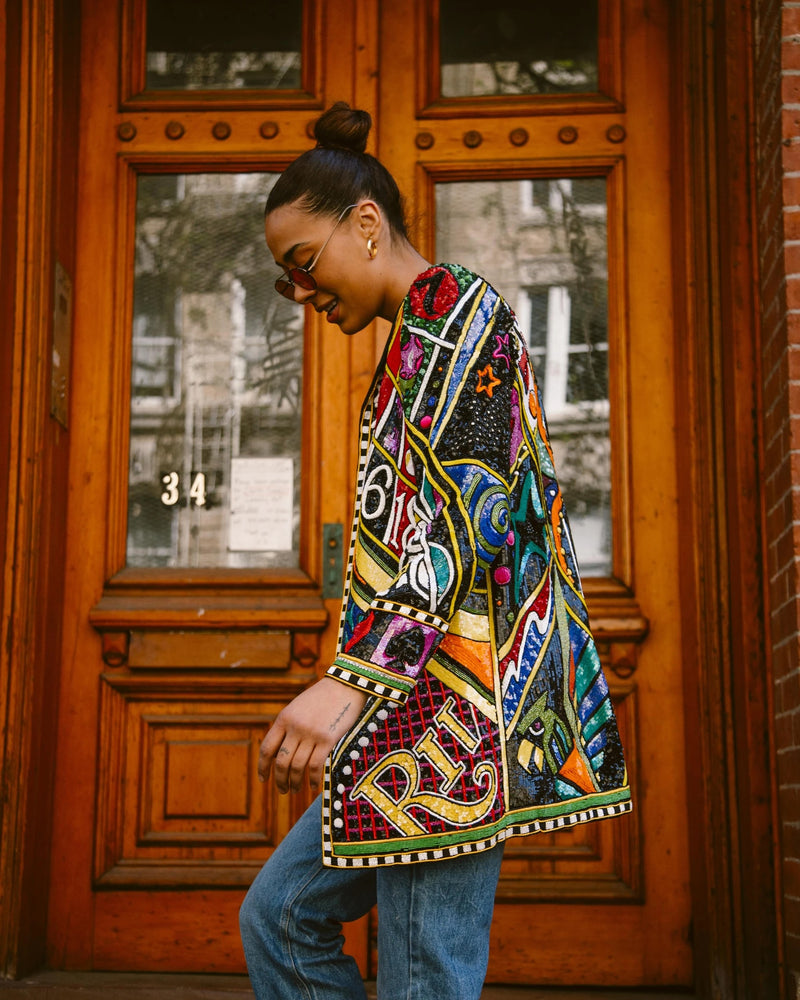 Incredible 1980s Bob Mackie Main Label Fully Sequin & Beaded Oversized Casino Themed Jacket