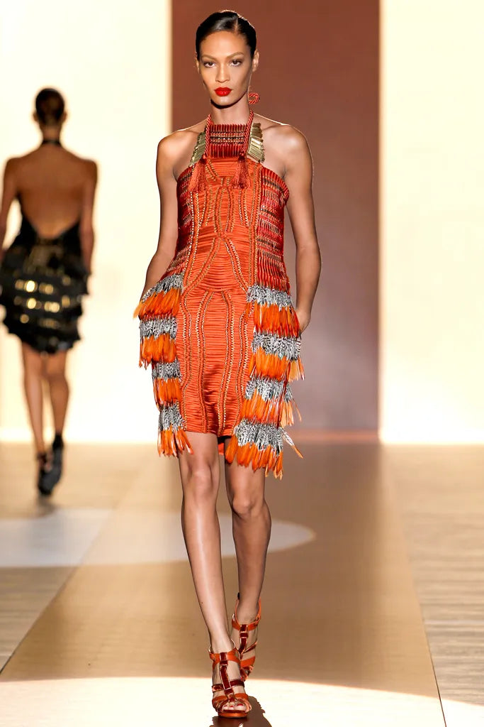 Iconic Spring 2011 Gucci by Frida Giannini Runway Look 41 Burnt Orange Silk Cord, Brass & Feather Dress