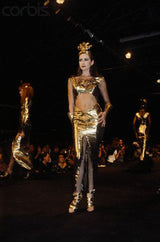 Outstanding Spring 1986 Thierry Mugler Pleated Metallic Gold Lurex Pleated Strapless Bodice 'Shell' Dress