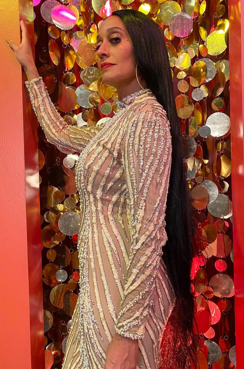 Incredible & Rare 1980s Bob Mackie Well Documented Ivory Sequin & Nude Stretch Net High Slit Dress
