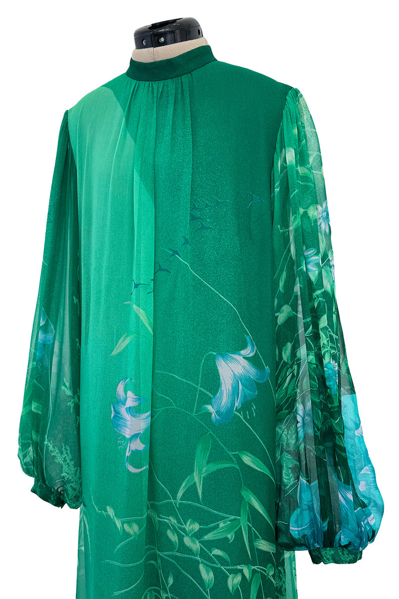 Stunning 1970s Hanae Mori Green Extensive Floral Print Green Silk Chiffon Dress w Balloon Sleeves & Belt