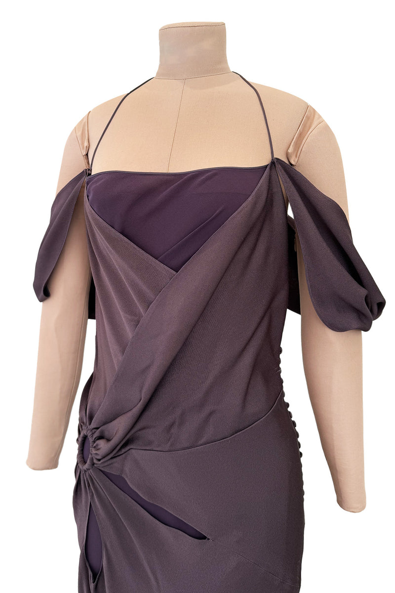 Gorgeous Fall 2003 John Galliano Bias Cut Deep Purple Silk Dress w Draped Arm Panels