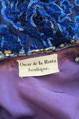 Documented 1970 Oscar de la Renta Brilliant Blue Sequin & Rhinestone Plunge Dress