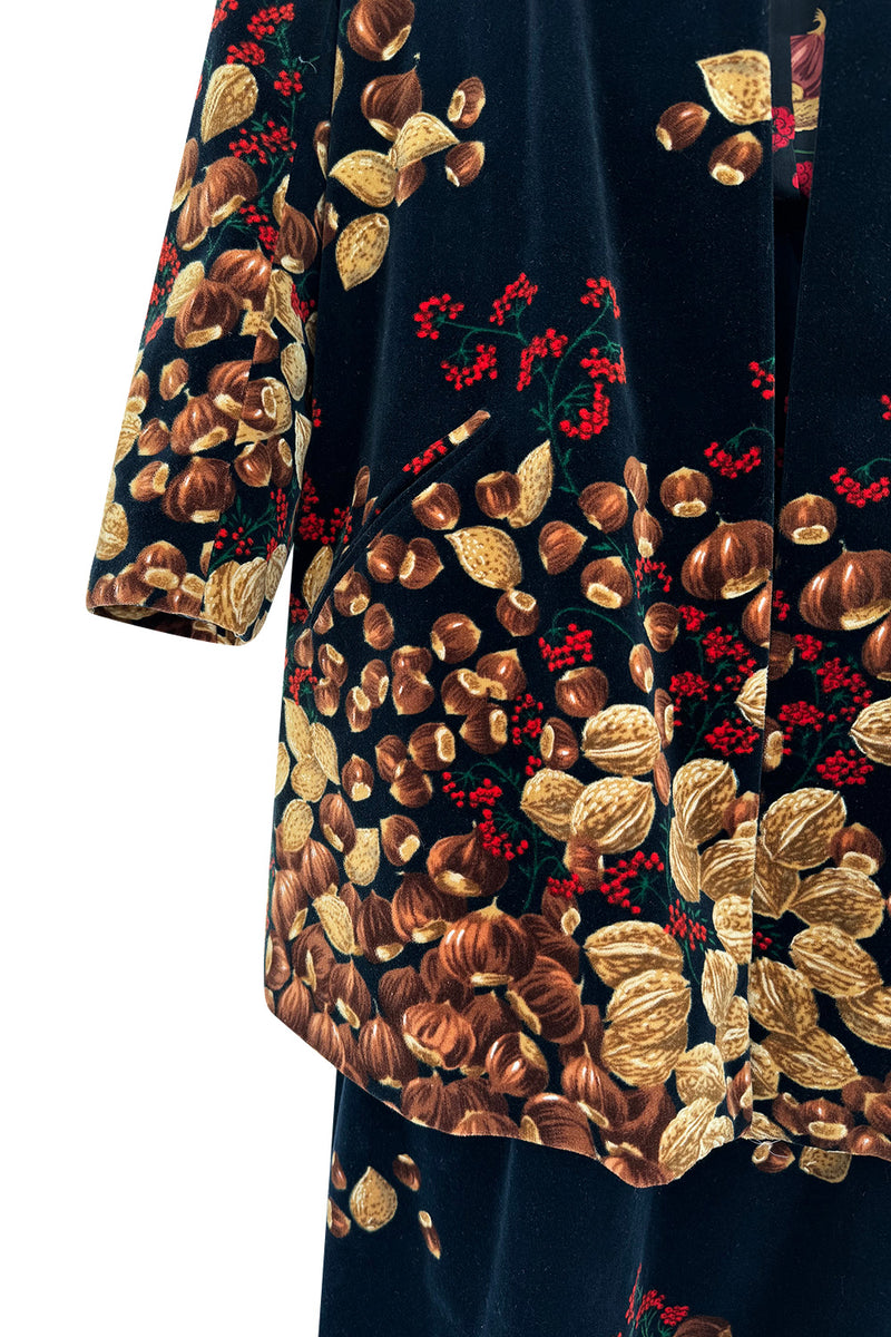Incredible c. 1972 Original Valentino Three Piece Acorn Print Silk Top, Velvet Skirt & Jacket Set