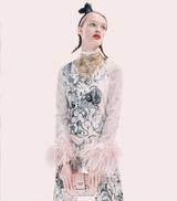 Resort 2018 Prada by Miuccia Ad Campaign & Runway Look 23 Pale Pink Tunic & Pant Set w Feather Cuffs