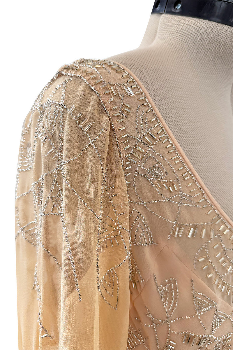 2000s Christian Dior by John Galliano Peach Silk Chiffon & Silver Beaded Bias Cut Dress 2000s Christian Dior by John Galliano Peach Silk Chiffon & Silver Beaded Bias Cut Dress