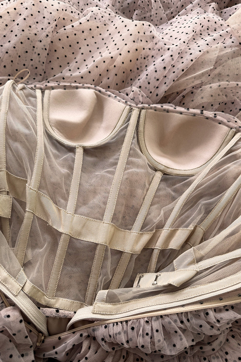 Prettiest Fall 2024 Atelier Prabal Gurung Look 7 Black Dotted Pale Nude Pinkish Net Strapless Dress w Full Skirts