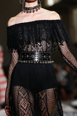 Spring 2017 Alexander McQueen by Saran Burton Runway Look 37 Off Shoulder Black Stretch Net Dress