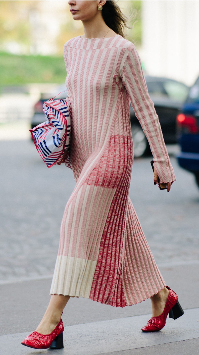 red and pink knit dress Contrast Stripe A-Line Soft Knit Dress