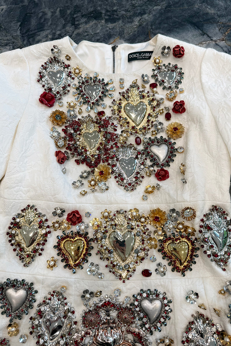 Spring 2015 Dolce & Gabbana Runway Look 48 Silk Brocade Mini Dress w Elaborate Front Embellishments