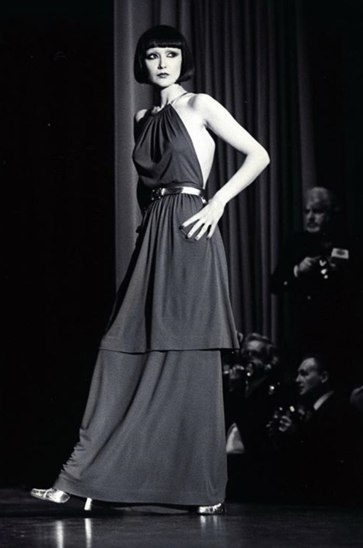 Well Documented Fall 1975 Yves Saint Laurent Brown Silk Jersey w Gold Strap Backless Dress
