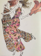 Spring 1981 Bill Tice Deco Pattern Printed Tissue Silk Backless Jumpsuit w Balloon Pouf Legs