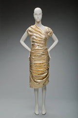 Museum Held 1986 Thierry Mugler Gold Feather Light Lame Dress w Gathered Sides