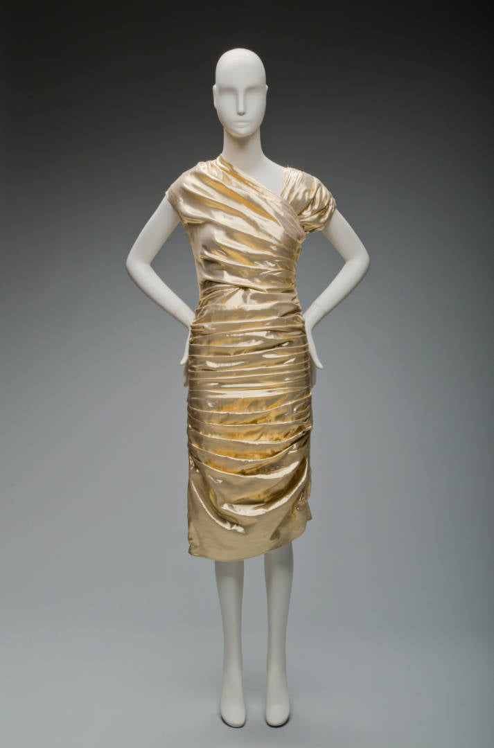 Museum Held 1986 Thierry Mugler Gold Feather Light Lame Dress w Gathered Sides