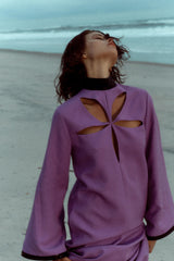 Spring 2020 Gucci by Alessandro Michele Runway Look 64 Purple Cut Out Tunic Dress w Patent Trim