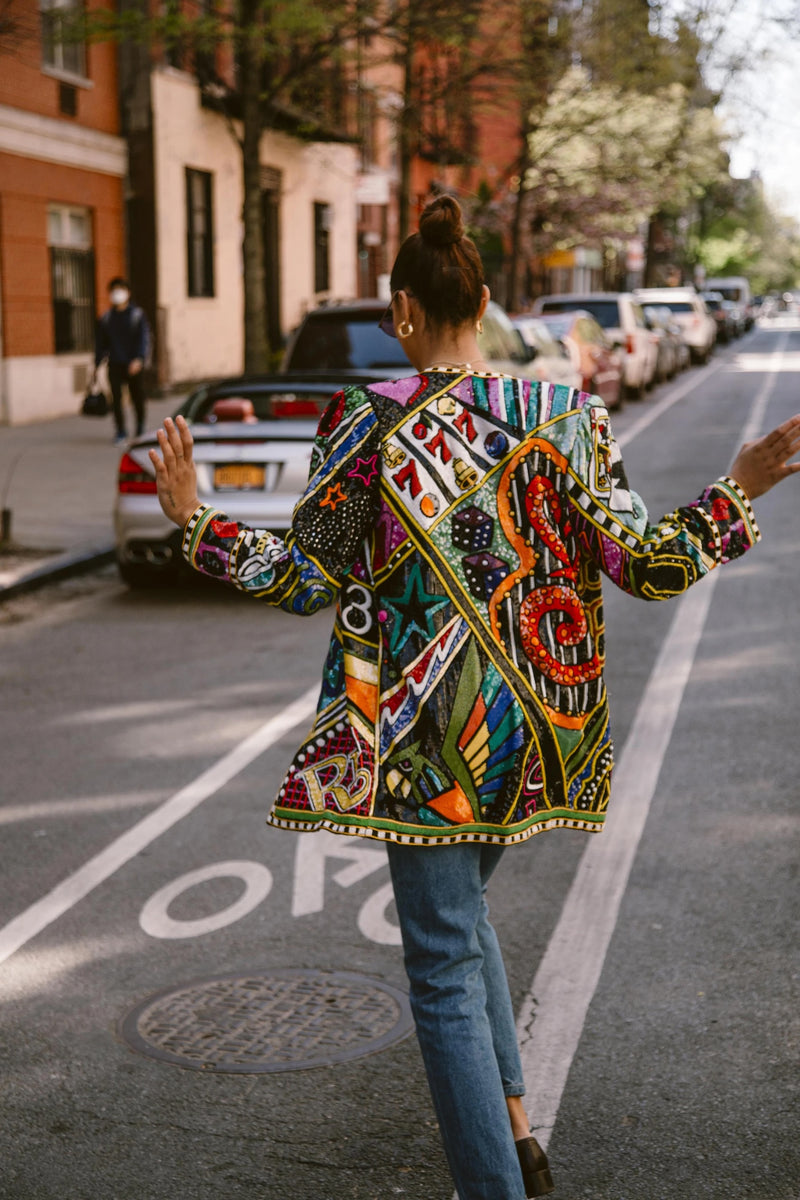 Incredible 1980s Bob Mackie Main Label Fully Sequin & Beaded Oversized Casino Themed Jacket