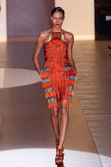 Iconic Spring 2011 Gucci by Frida Giannini Runway Look 41 Burnt Orange Silk Cord, Brass & Feather Dress