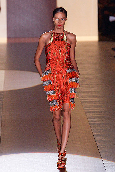 Iconic Spring 2011 Gucci by Frida Giannini Runway Look 41 Burnt Orange Silk Cord, Brass & Feather Dress