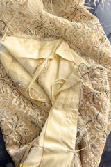 Fabulous 1950s Unlabeled Pearl, Bead & Feather Detailed Yellow Lace Dress w Matching Cape