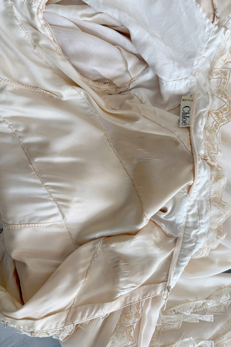 Incredibly Rare Fall 1979 Chloe by Karl Lagerfeld Couture Runway Ivory Chiffon & Lace Dress w pearl Details