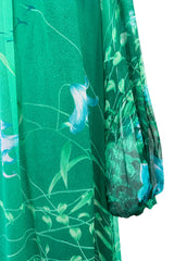 Stunning 1970s Hanae Mori Green Extensive Floral Print Green Silk Chiffon Dress w Balloon Sleeves & Belt