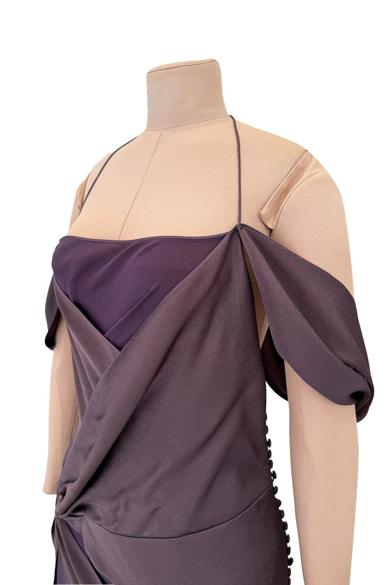 Gorgeous Fall 2003 John Galliano Bias Cut Deep Purple Silk Dress w Draped Arm Panels