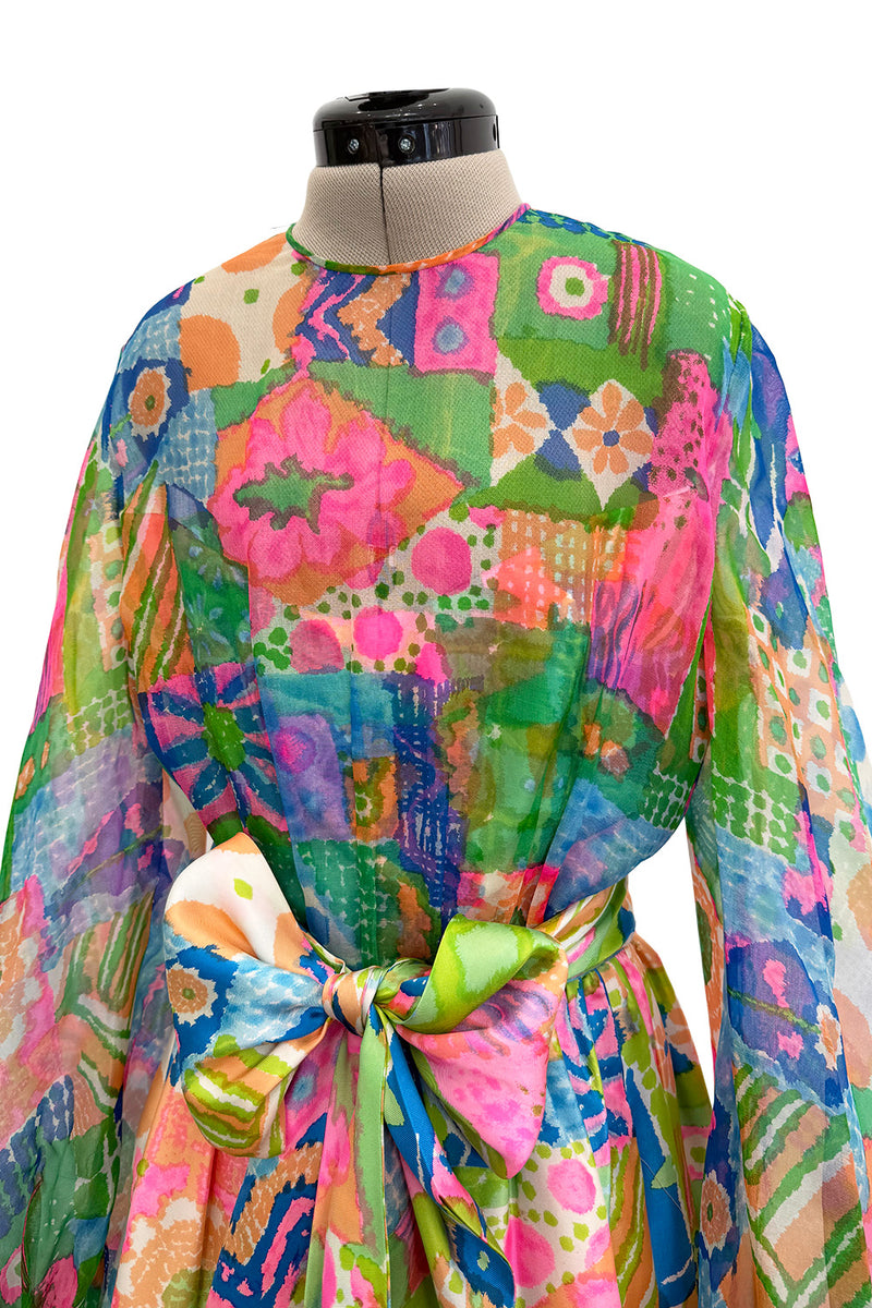 Fantastic Spring 1969 Kiki Hart Multi Colour Floral & Pattern Silk & SIlk Organza Dress w Balloon Sleeves