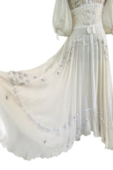 Rare 1969-75 Thea Porter Couture Embroidered Silk Organza & Gold Metallic Dress w Balloon Sleeves