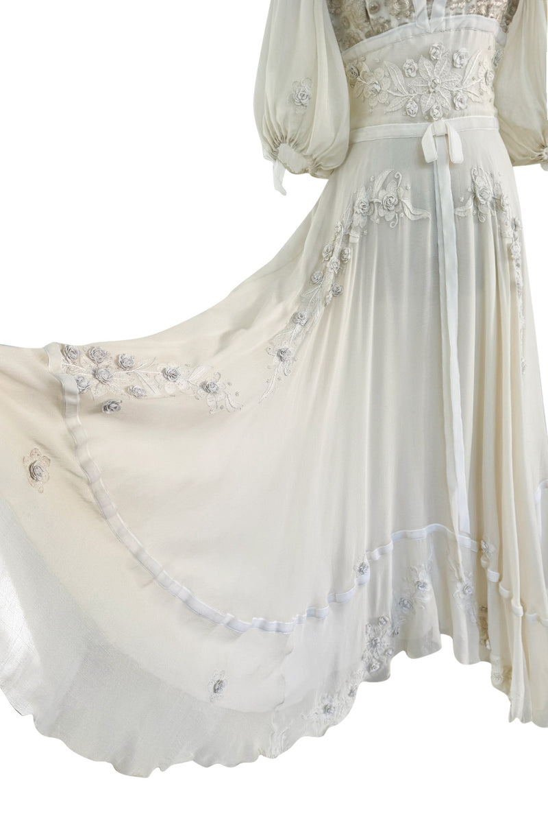 Rare 1969-75 Thea Porter Couture Embroidered Silk Organza & Gold Metallic Dress w Balloon Sleeves