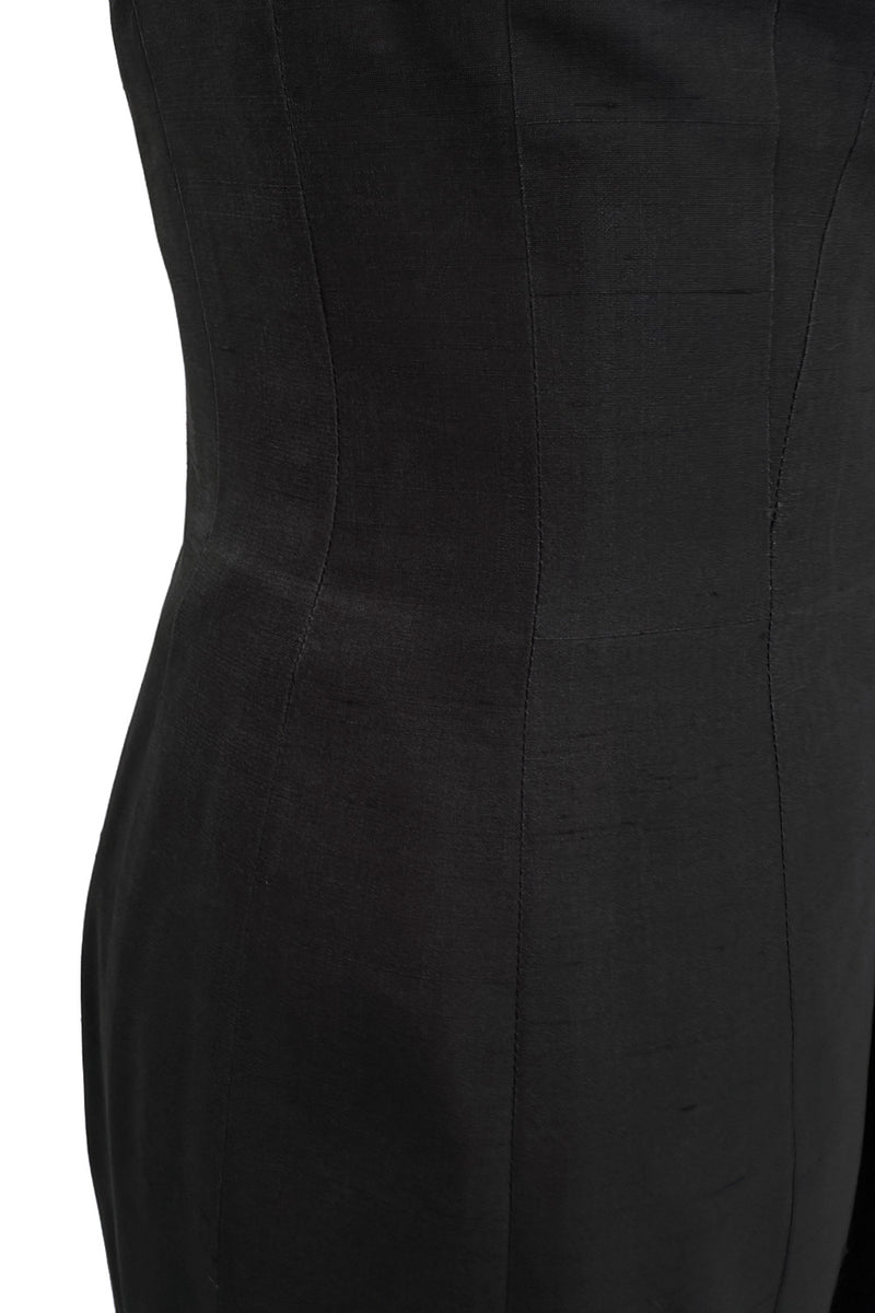 Fantastic c.1983 Thierry Mugler Black Raw Silk Vertical Panel Dress w Car Wash Hem & Silk Chiffon