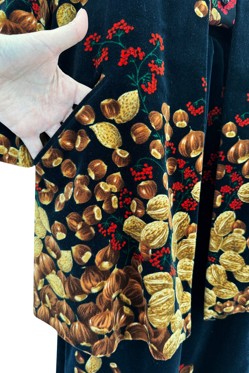 Incredible c. 1972 Original Valentino Three Piece Acorn Print Silk Top, Velvet Skirt & Jacket Set