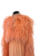 Documented 1960s Tiziani Couture by Karl Lagerfeld Peach Silk Plunge Dress w Matching Feather Cape