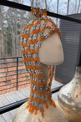 Ultra Rare 1990s Paco Rabanne Haute Couture Metallic Silver & Coral Dress w Chainlink Top & Headpiece