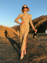 Incredible & Rare 1980s Bob Mackie Well Documented Ivory Sequin & Nude Stretch Net High Slit Dress