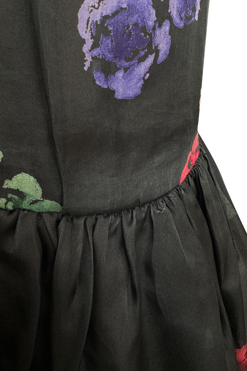 Spring 1981 Unlabeled Christian Dior Floral Print Silk Organza Dress w Ruffled Shoulders
