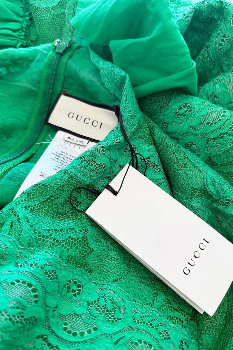 Remarkable Resort 2019 Gucci by Alessandro Michele Runway Look 9 Green Lace & Net Ruffle Dress w Train
