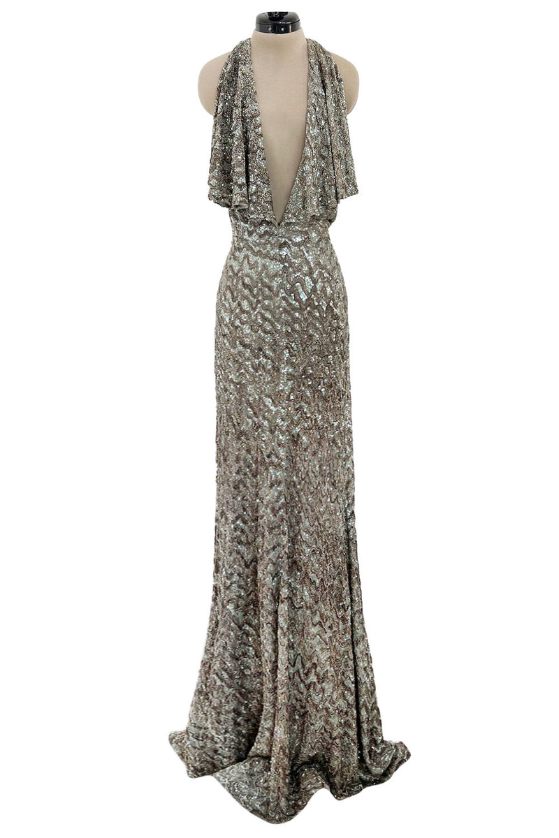 Incredible 2005 John Anthony Couture Runway Sample Heavily Beaded & Sequined Plunge Dress