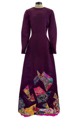 Fall 2002 Oscar de la Renta Runway Look 50 Deep Purple Silk Dress w Hand Applied Patchwork