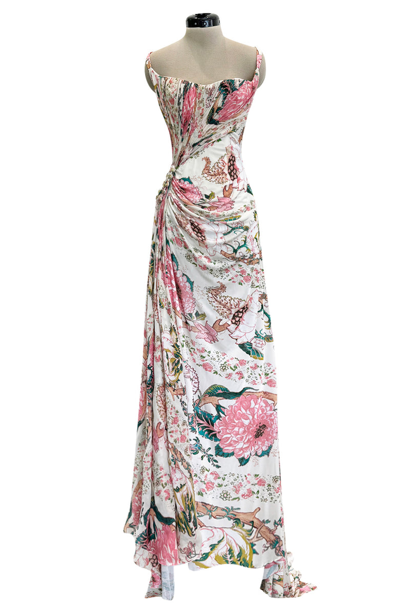 Phenomenal Spring 2006 Roberto Cavalli Pink Floral Print on Ivory Jersey Dress (Copy)