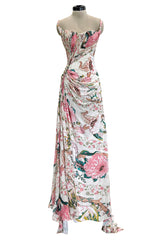 Phenomenal Spring 2006 Roberto Cavalli Red Carpet Documented Pink Floral Print on Ivory Silk Jersey Dress