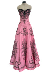 Exceptional Spring 2004 Oscar de la Renta Runway Look 39 Strapless Pink Silk w Black Embroidery & Beads