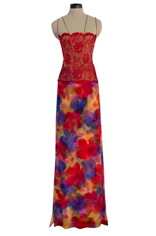 1970s Galanos Couture Silk Chiffon Pant & Over Dress Set w Metallic Lace Detailing