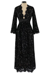 Incredible Fall 1970 Donald Brooks Runway Black Chenille & Sequin Net Lace Dress w Plunge Front