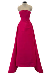 Gorgeous 1980s Oscar de la Renta Deep Fuchsia Pink Silk Strapless Silk Dress w Full Skirt