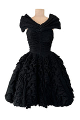 Exceptional Spring 1988 Christian Lacroix Demi-Couture Luxe Label Black Pouf Dress w Attached Shoulder Piece
